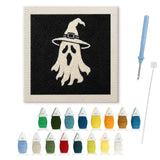 Contenu du kit punch needle Halloween spectre blanc : toile sur cadre, aiguilles et fils de laine