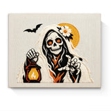 Punch Needle Halloween Spectre Lanterne : tableau brodé terminé sur son cadre