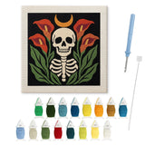 Contenu du kit punch needle squelette arums : toile sur cadre, aiguilles et fils de laine