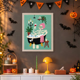 Tableau punch needle squelette au bain accroché au mur dans une déco d'Halloween