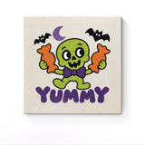 Punch Needle Halloween Squelette Bonbon : tableau brodé terminé sur son cadre