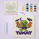Toile imprimée numérotée à côté du tableau punch needle squelette vert terminé