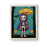 Punch Needle Halloween Squelette Cape : tableau brodé terminé sur son cadre
