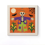 Punch Needle Halloween Squelette Maïs : tableau brodé terminé sur son cadre