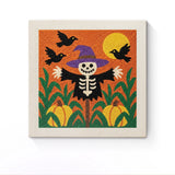 Punch Needle Halloween Squelette Paille : tableau brodé terminé sur son cadre