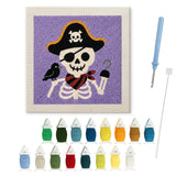 Contenu du kit punch needle Halloween squelette pirate : toile sur cadre, aiguilles et fils de laine