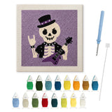 Contenu du kit punch needle Halloween squelette rock : toile sur cadre, aiguilles et fils de laine