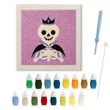 Contenu du kit punch needle Halloween squelette royal : toile sur cadre, aiguilles et fils de laine