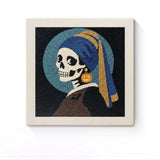 Punch Needle Halloween Squelette Turban : tableau brodé terminé sur son cadre