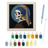 Contenu du kit punch needle squelette turban : toile sur cadre, aiguilles et fils de laine