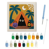 Contenu du kit punch needle tente hantée : toile sur cadre, aiguilles et fils de laine