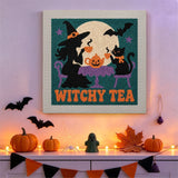 Tableau punch needle thé de sorcière accroché au mur dans une déco d'Halloween