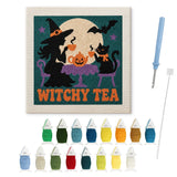 Contenu du kit punch needle Halloween : toile sur cadre, aiguilles et fils de laine