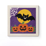 Punch Needle Halloween Trio Citrouilles : tableau brodé terminé sur son cadre