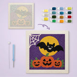 Toile imprimée numérotée et tableau punch needle citrouilles et chauve-souris terminé