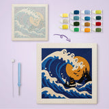 Toile imprimée numérotée à côté du tableau punch needle vague et pleine lune terminé