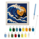 Contenu du kit punch needle vague fantômes : toile sur cadre, aiguilles et fils de laine