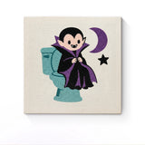 Punch Needle Halloween Vampire aux WC : tableau brodé terminé sur son cadre