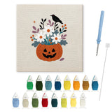 Contenu du kit punch needle Halloween vase citrouille : toile sur cadre, aiguilles et fils de laine